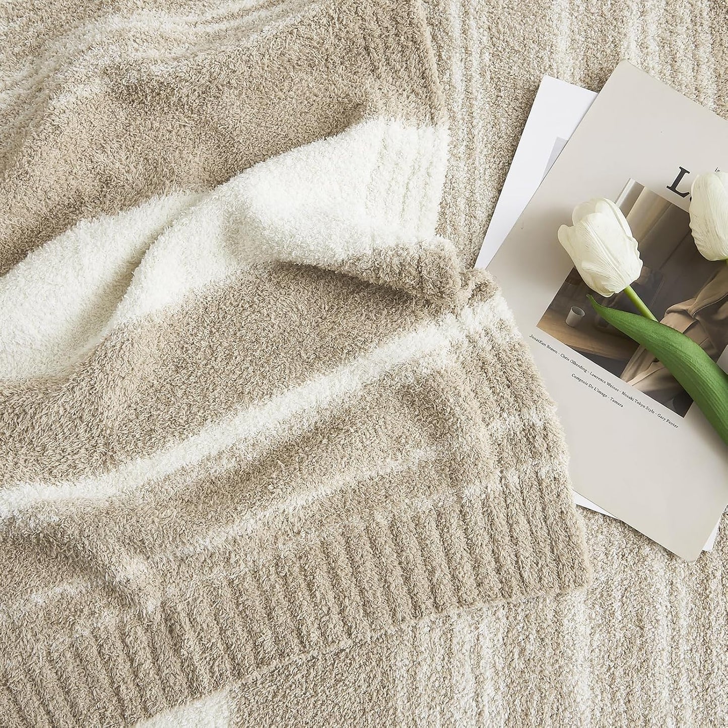 WRENGONGE Khaki Throw Blanket, 60x80 Soft Cozy Striped Throw Blankets for Couch, Sofa, Bed, Travel, Lightweight Fluffy Warm Plush Decorative Blankets for Women, Men,Kids Gift