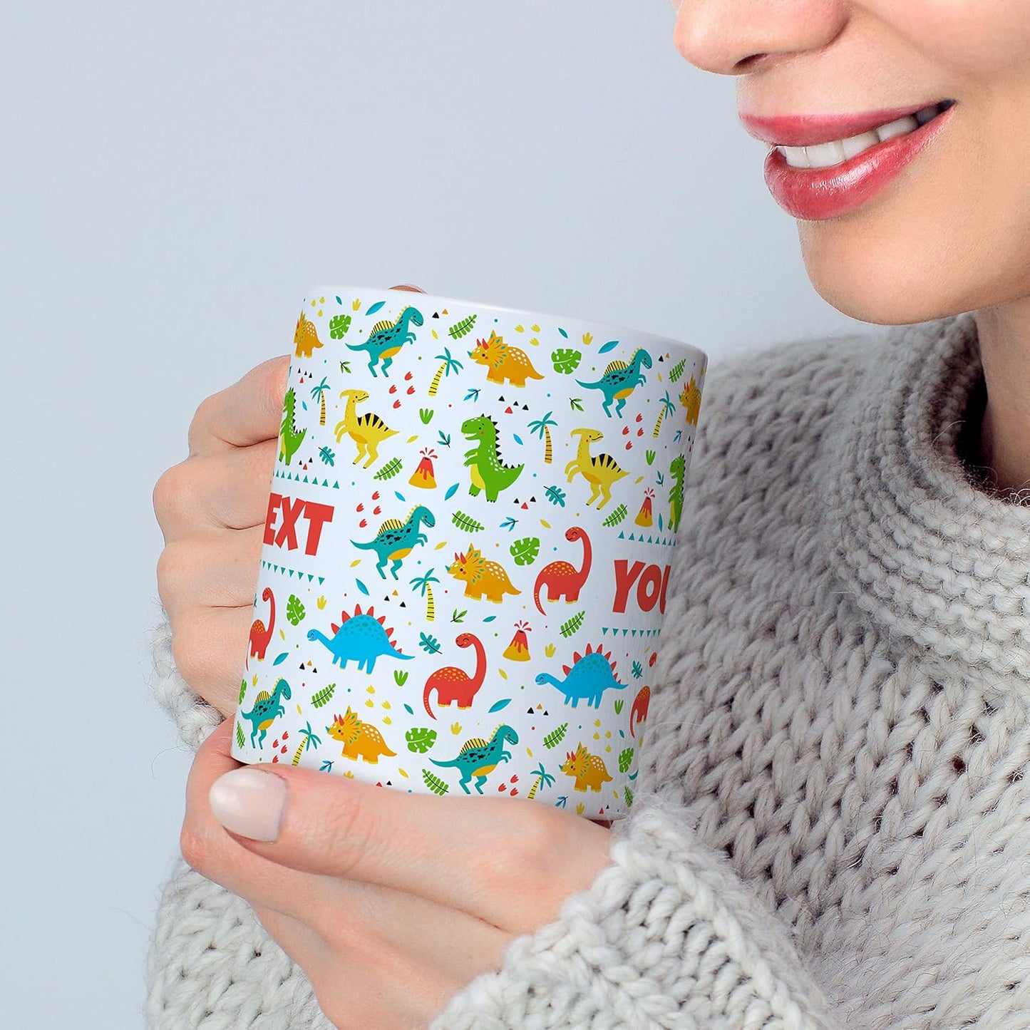 Personalized Mug for Kids - Dinosaurs - Custom Name/Text, Ceramic Hot Chocolate/Cocoa/Coffee Cup for Boys/Girls, Birthday/Christmas/Holiday Gift - 11 oz, White Handle