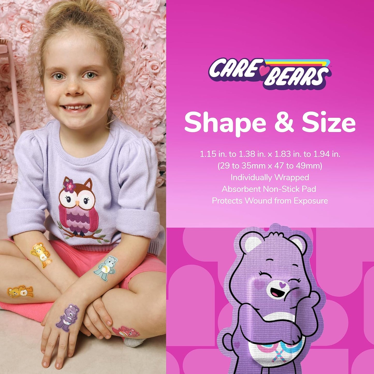 BioSwiss Care Bears Bandages, Unlock The Magic Care Bear Shaped Self Adhesive Bandage, Latex Free Sterile Wound Care, Fun First Aid Kit Supplies for Kids, 50 Count