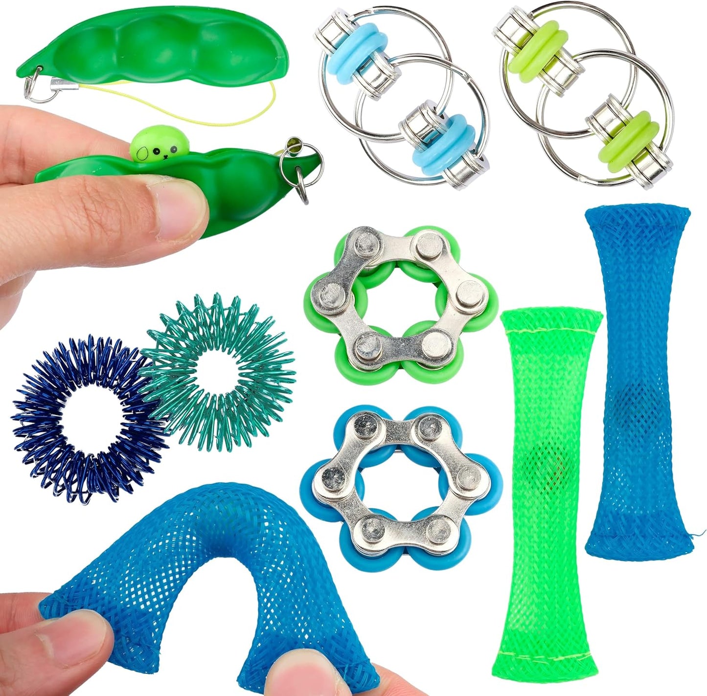 Sensory Fidget Toy 10 Set Roller Bike Chain Fidget Spinner and Marble Fidget Stress Pea Pod Stress Relief Tools, Spiky Sensory Finger Rings for Kids and Adults with Attention Disorder