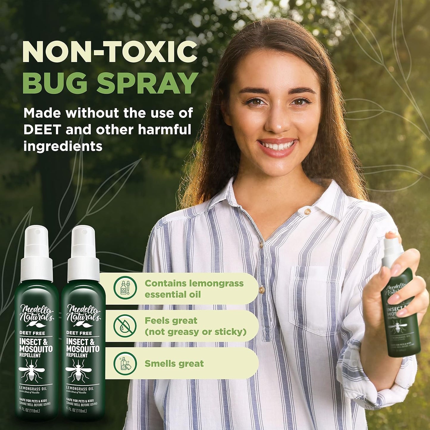 Deet-Free Insect & Mosquito Repellent Pack of 2 (4 oz) – Nice Smelling Insect Repellent with Lemongrass Oil Safe for Pets and Kids – Bug Spray Against Mosquitoes, Gnats, Black Flies, and No-See-ums