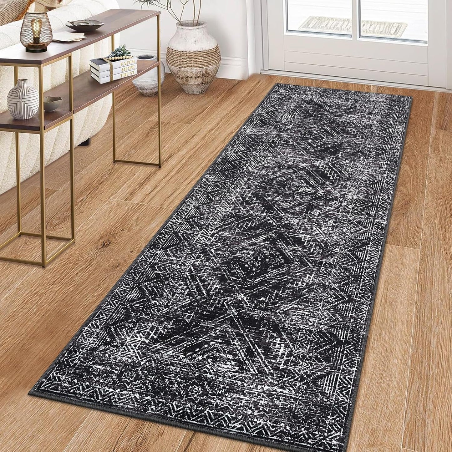 COZYLOOM Rug Runners 2x6 Washable Rugs for Bedroom Hallway Dining Room Living Room, Vintage Rug Non Slip Area Rug Geometric Soft Throw Rugs Low Pile Stain Resistant Carpet, Black