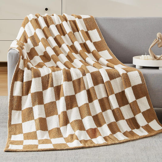 WRENSONGE Checkered Throw Blanket, Burnt Orange Soft Cozy Fluffy Warm Hand Made Throw Blankets for Couch, Sofa, Chair, Bed, Camping, Picnic, Travel Lightweight Bed Blanket - 60"*80"