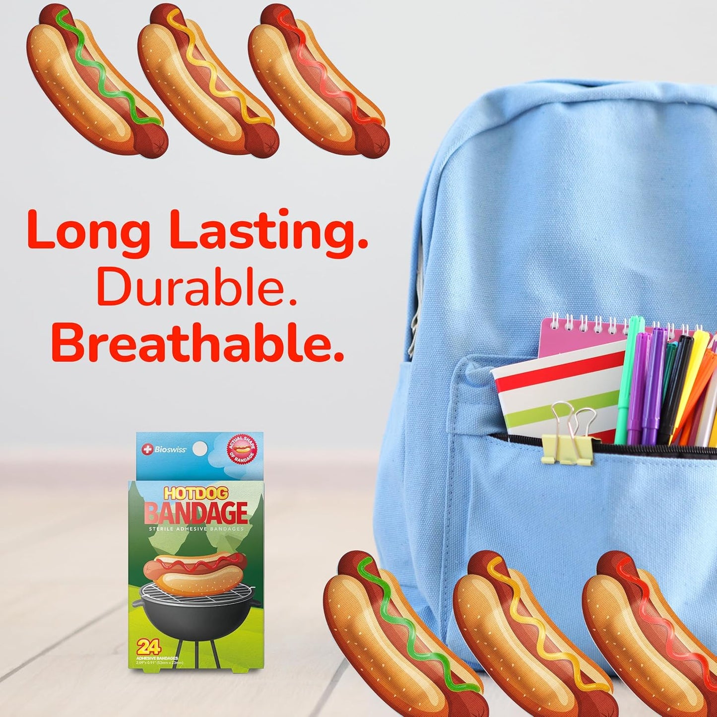 BioSwiss Bandages, Hot Dog Shaped Self Adhesive Bandage, Latex Free Sterile Wound Care, Fun First Aid Kit Supplies for Kids, 24 Count