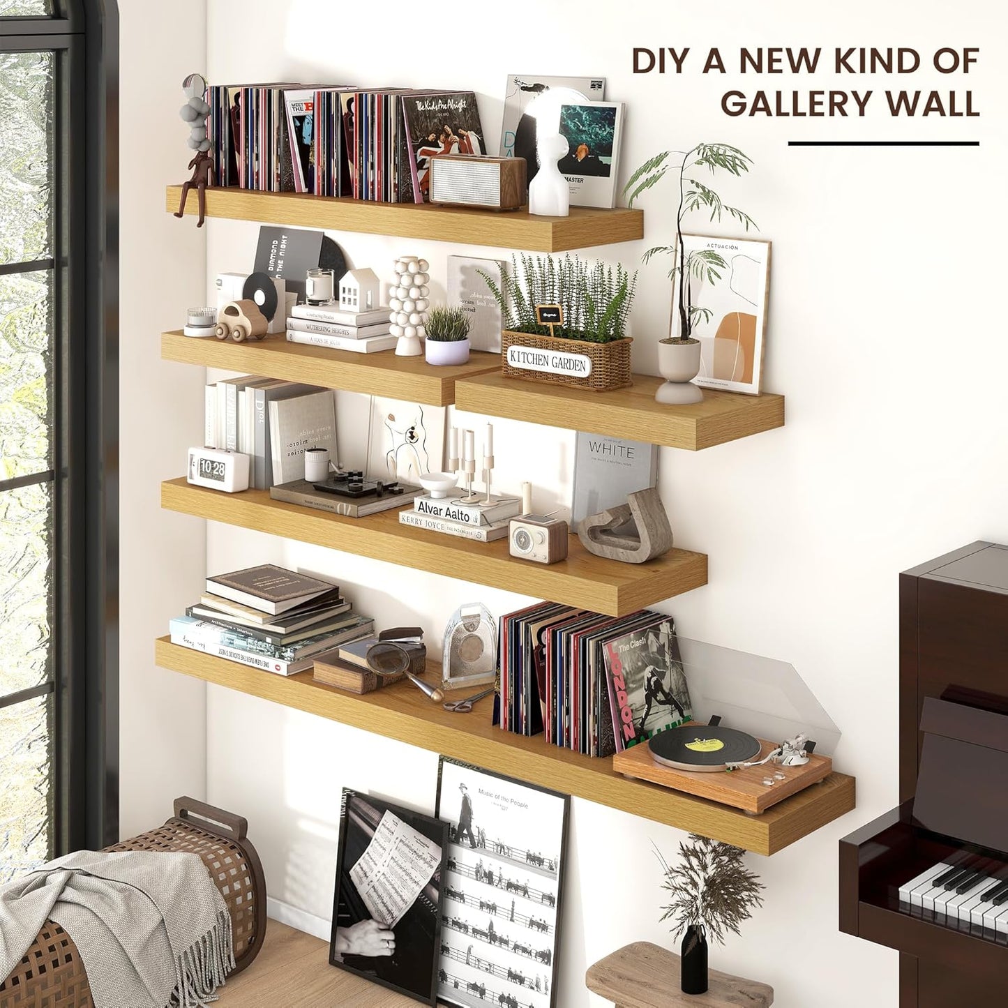 Floating Shelves - 2 Large Wall Mounted Shelves with Invisible Brackets, Long Wood Floating Wall Shelf for Living Room, Bedroom, Kitchen (Oak, 48" W x 9" D x 1.5" H)