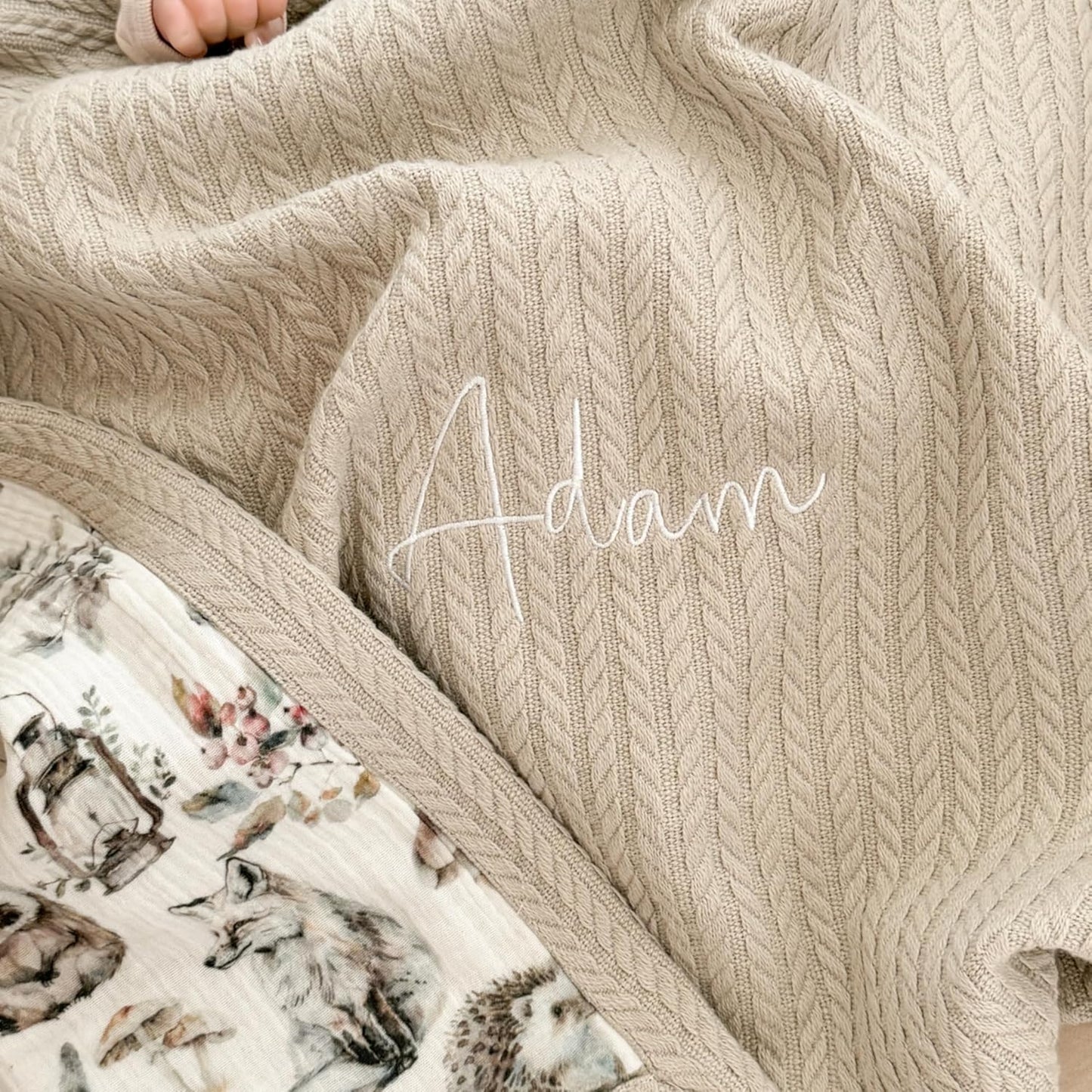 Personalized Baby Blanket with Name – Handmade 100% Organic Cotton Newborn Gift | Custom Knit Blanket for Boys, Girls, Kids & Baby Showers (Stone Beige/Critter Crew)