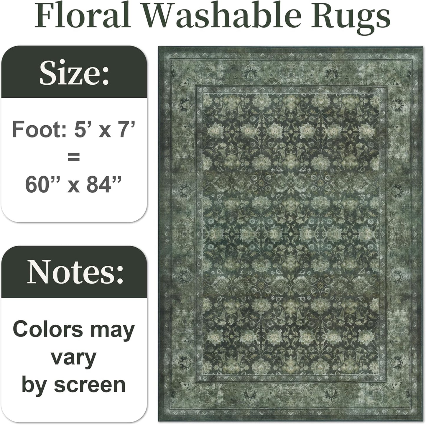 5x7 Washable Area Rug for Living Room, Non Slip Vintage Floral Rugs for Bedroom, Retro Indoor Floor Carpet for Kitchen, Dining Room, Farmhouse, Classroom (Distressed Green)