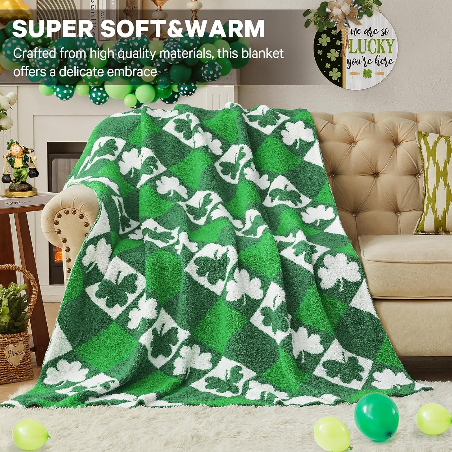 CYMULA St. Patrick's Day Knit Throw Blanket - Super Soft Lightweight Plush Shamrock Clover Blanket for Couch, Bed, Sofa, 60 x 80 Inches, Irish Green
