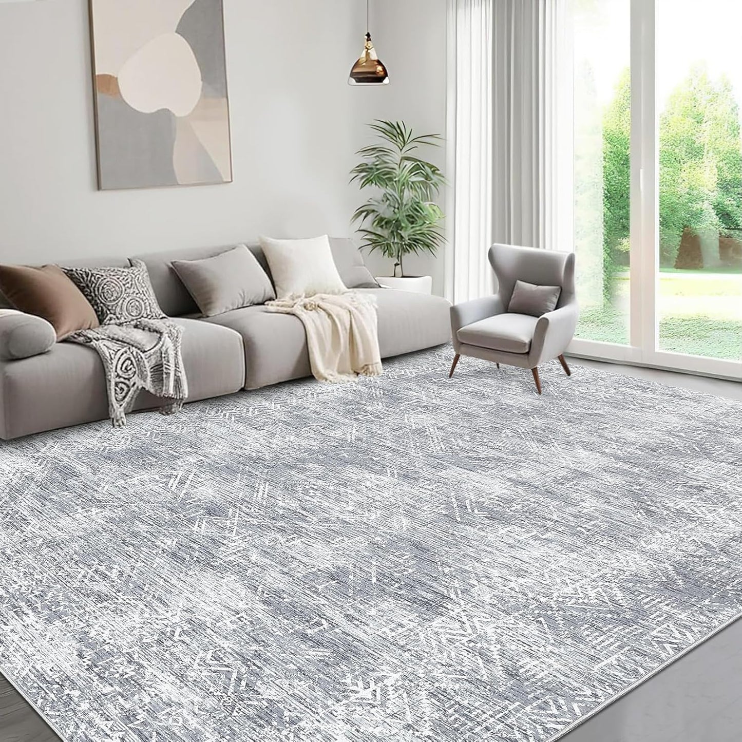 COZYLOOM 9x12 Rugs for Living Room Machine Washable Rug Modern Abstract Floor Cover with Non Slip Backing Satin Resistant Ultra Soft Geometric Carpet for Bedroom Office, Grey