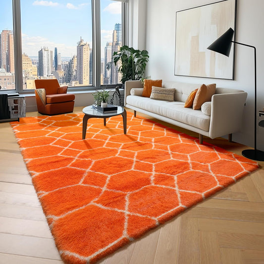ONASAR Rugs for Living Room Bedroom, 5x8 Washable Fluffy Orange and White Area Rug, Geometric Boho Soft Plush Shaggy Fuzzy Floor Carpet for Nursery Kids Girls Boys Teen Dorm Home Decor Aesthetic
