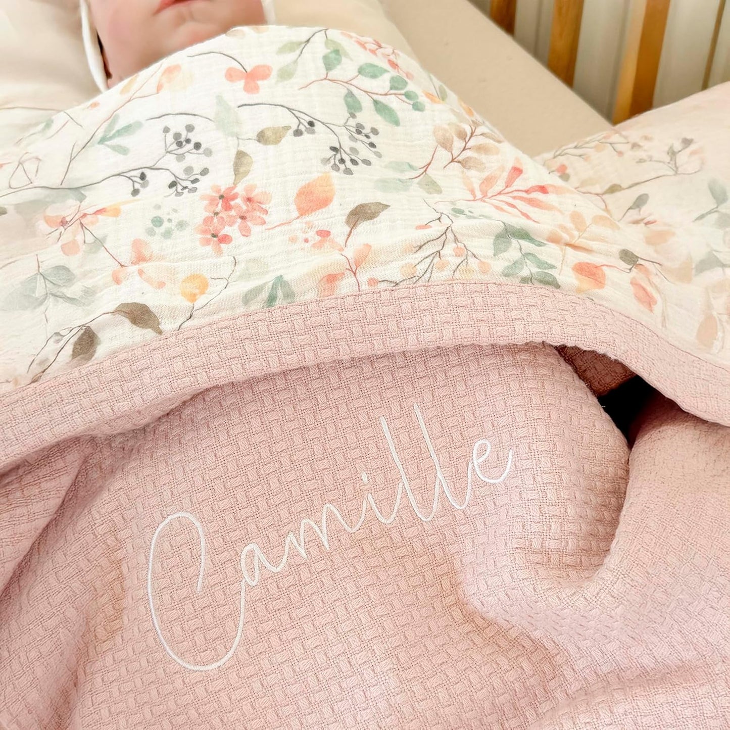 Personalized Baby Blanket with Name – Handmade 100% Organic Cotton Newborn Gift | Custom Knit Blanket for Boys, Girls, Kids & Baby Showers (Petal Pink/Petal Whispers)
