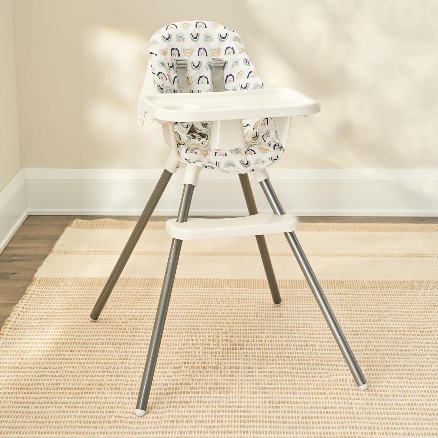 Regalo High Chair with Jelly Bean Seat Pad for Babies and Toddlers, Award Winning Brand, Removable Oversized Tray with Cup Holder, Five Point Harness, White