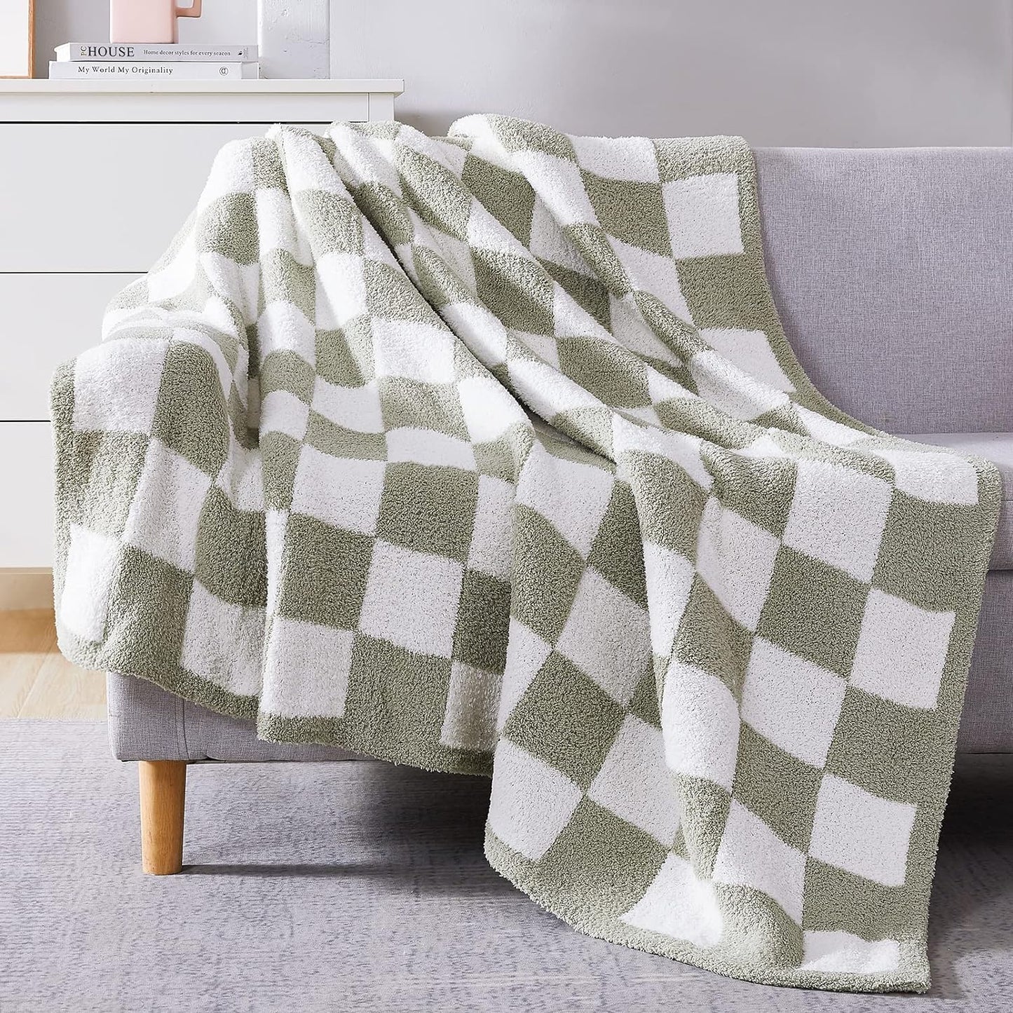 WRENSONGE Checkered Throw Blanket, Sage Green Soft Cozy Fluffy Hand Made Throw Blankets for Couch, Sofa, Chair, Bed, Camping, Picnic, Travel Lightweight Bed Blankets for Women Mothers Birthday Gifts