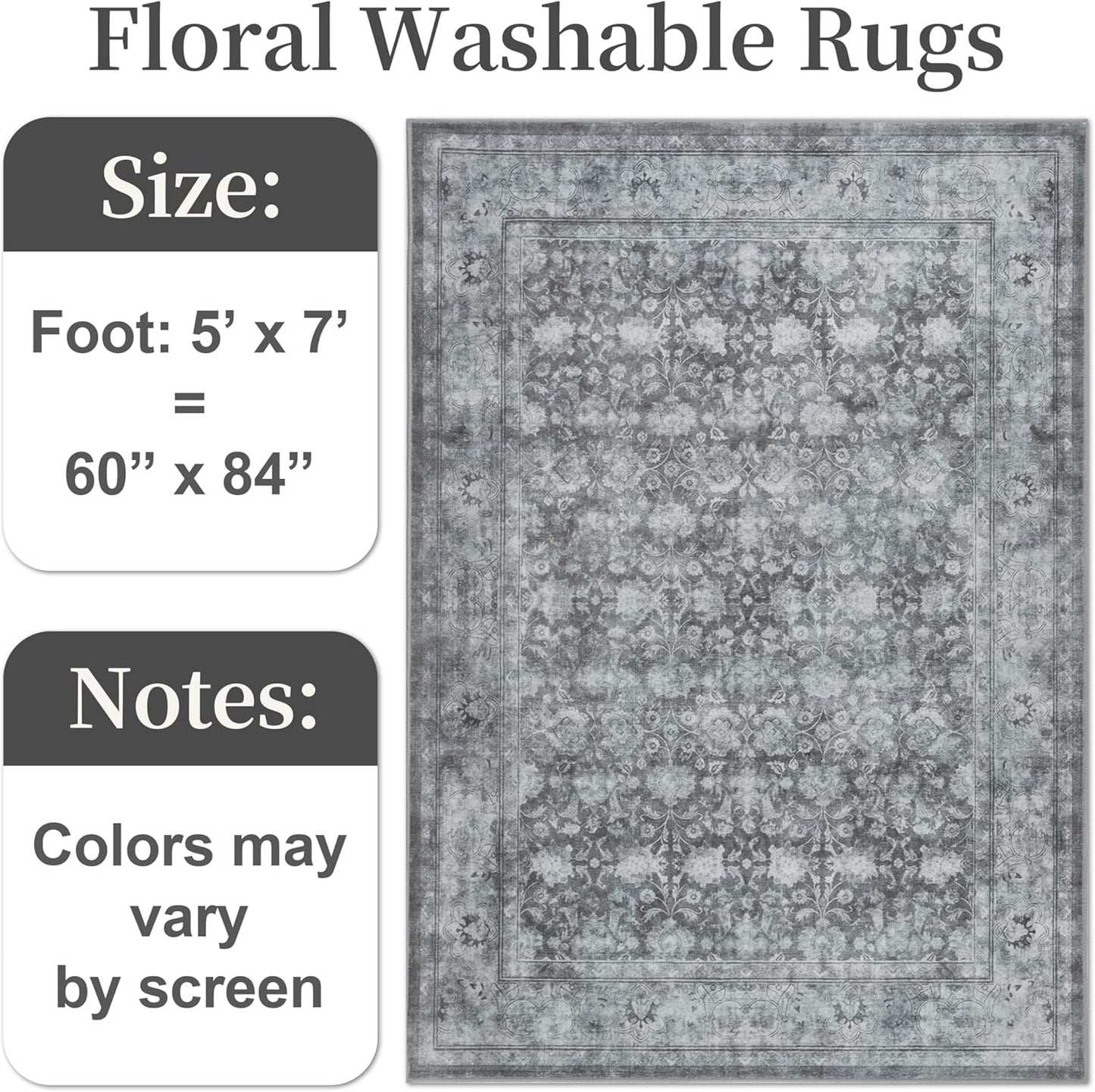 5x7 Washable Area Rug for Living Room, Non Slip Vintage Floral Rugs for Bedroom, Retro Indoor Floor Carpet for Kitchen, Dining Room, Farmhouse, Classroom (Distressed Grey)
