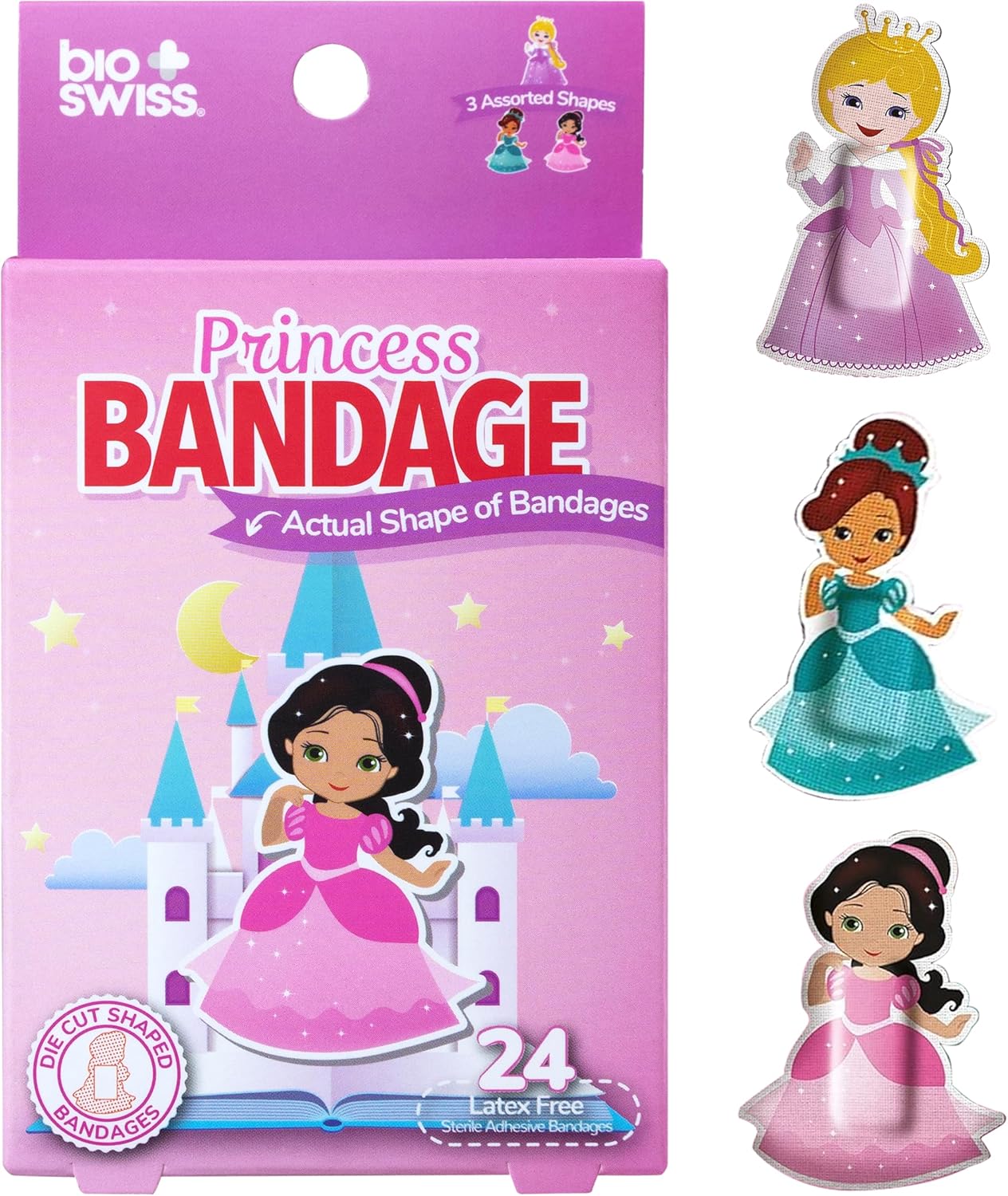 BioSwiss Bandages, Princess Shaped Self Adhesive Bandage, Latex Free Sterile Wound Care, Fun First Aid Kit Supplies for Kids, 24 Count