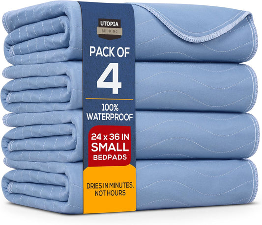 Utopia Bedding Washable Underpads 24" x 36" (Pack of 4), Waterproof Reusable Heavy Absorbency Incontinence Bed Pads for Adults, Kids, Elderly and Pets, Bedwetting Pads for Sofa and Couch (Blue)