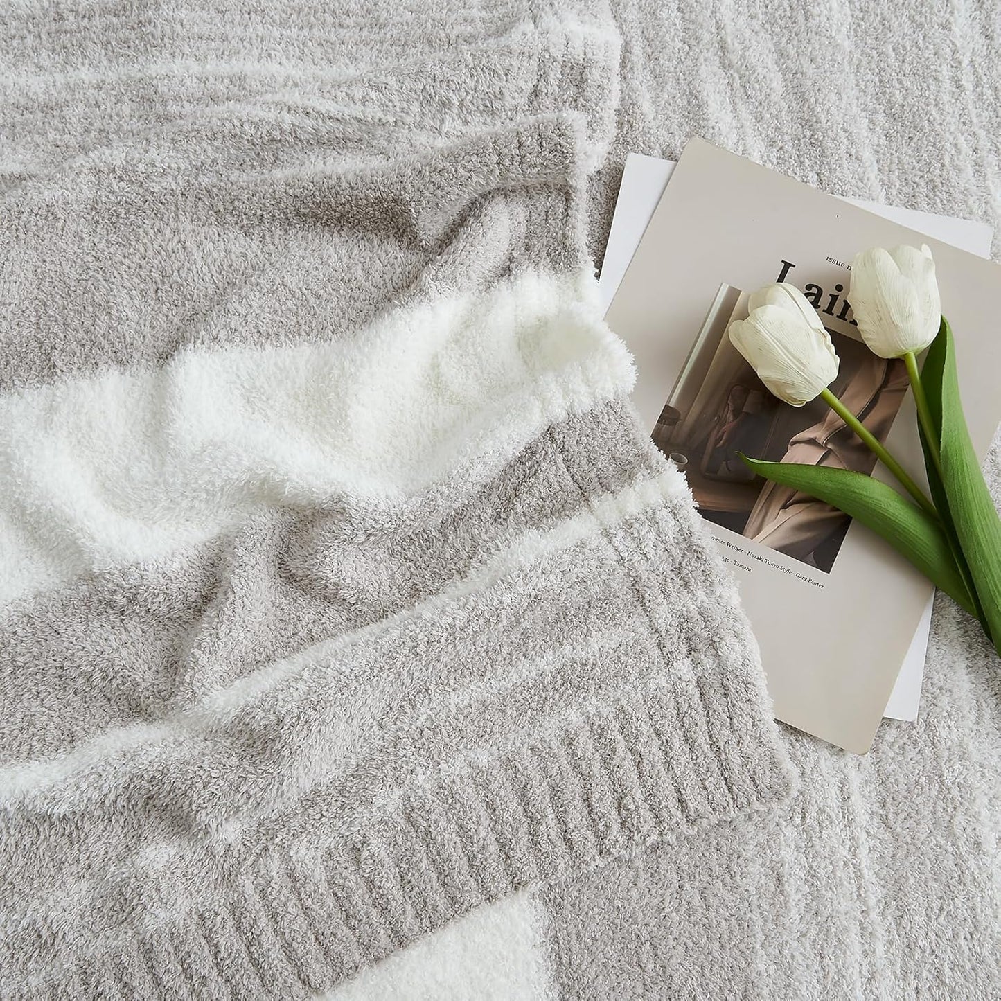 WRENGONGE Taupe Throw Blanket, 60x80 Soft Cozy Striped Throw Blankets for Couch, Sofa, Bed, Travel, Lightweight Fluffy Warm Plush Decorative Blankets for Women, Men,Kids Gift