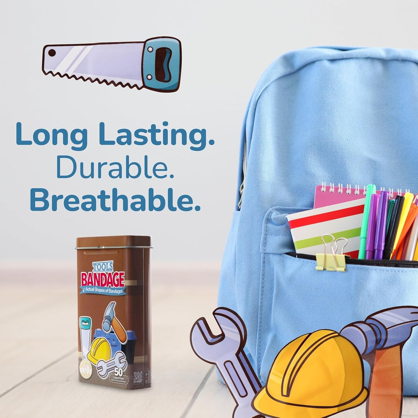 BioSwiss Bandages, Tools Shaped Self Adhesive Bandage, Latex Free Sterile Wound Care, Fun First Aid Kit Supplies for Kids and Adults, 50 Count