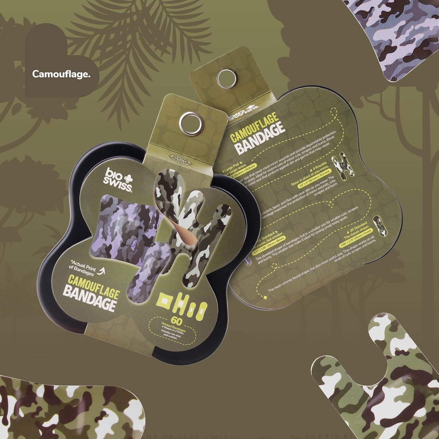 BioSwiss Bandages, Assorted Size Camoflauge Print Self Adhesive Bandage, Latex Free Sterile Wound Care, First Aid Kit Supplies for Kids and Adults, 60 Count