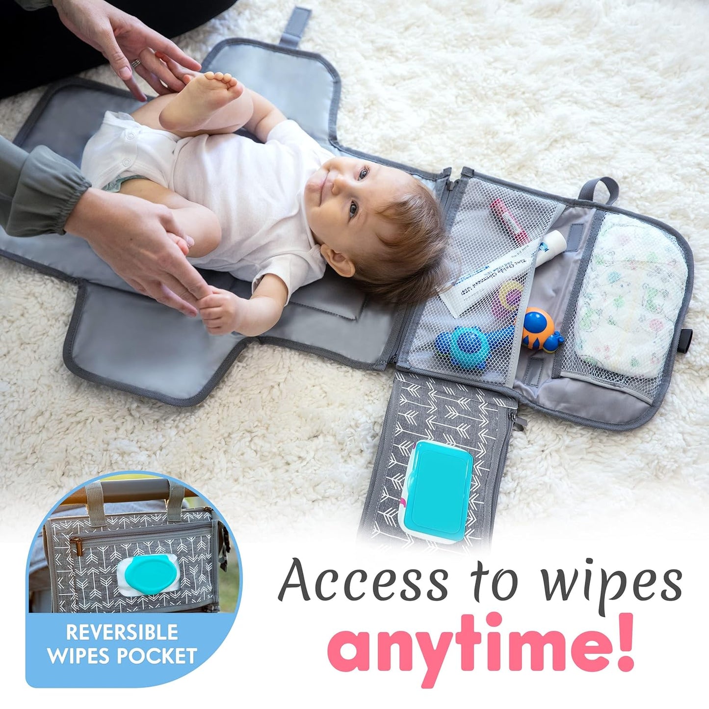 Kopi Baby Portable Diaper Changing Pad - Baby Diaper Changer Travel Bag with Wipes Pocket, Smart Design Portable Changing Mat, Infant Travel Station Kit, Gift for Newborn Girl & Boy - Classic