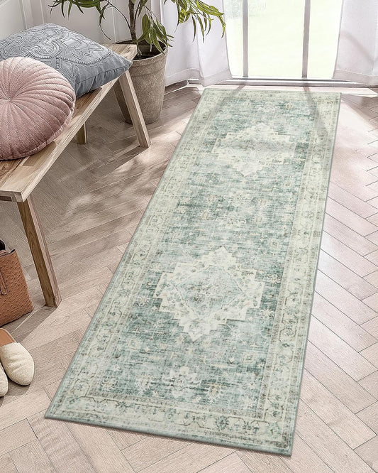 LIVEBOX Washable 2x7 Runner Rug for Bathroom, Non Slip Kitchen Mats for Floor Entryway, Boho Indoor Front Door Mat Low-Pile Runners for Hallways, Farmhouse Rugs for Laundry, Sage Green