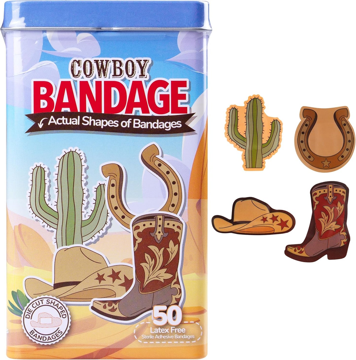 BioSwiss Bandages, Cowboy Shaped Self Adhesive Bandage, Latex Free Wound Care, Fun First Aid Kit Supplies for Kids and Adults, 50 Count