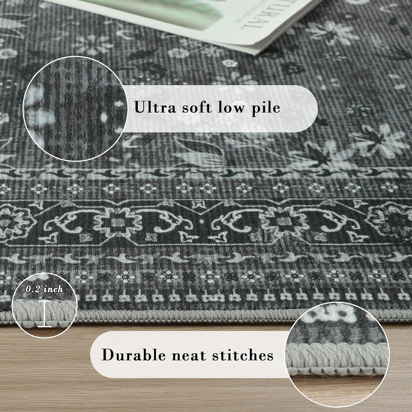 5x7 Machine Washable Area Rug for Living Room Bedroom, Vintage Kitchen Rugs Non Slip, Traditional Indoor Floor Floral Print Carpet for Dining Room, Farmhouse, Office Classroom Black/Gray