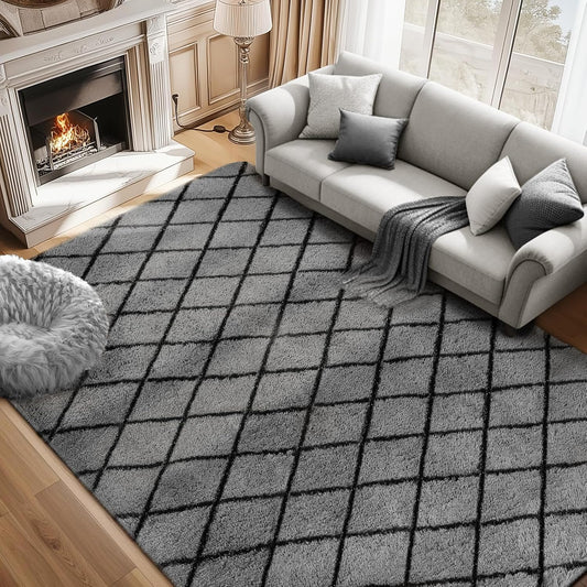 Fluffy Rug for Bedroom, 8X10Feet Stripe Checkered Rug Anti-Skid High Pile for Living Room Bedroom Kids Room Nursery, Dorm Home Decor