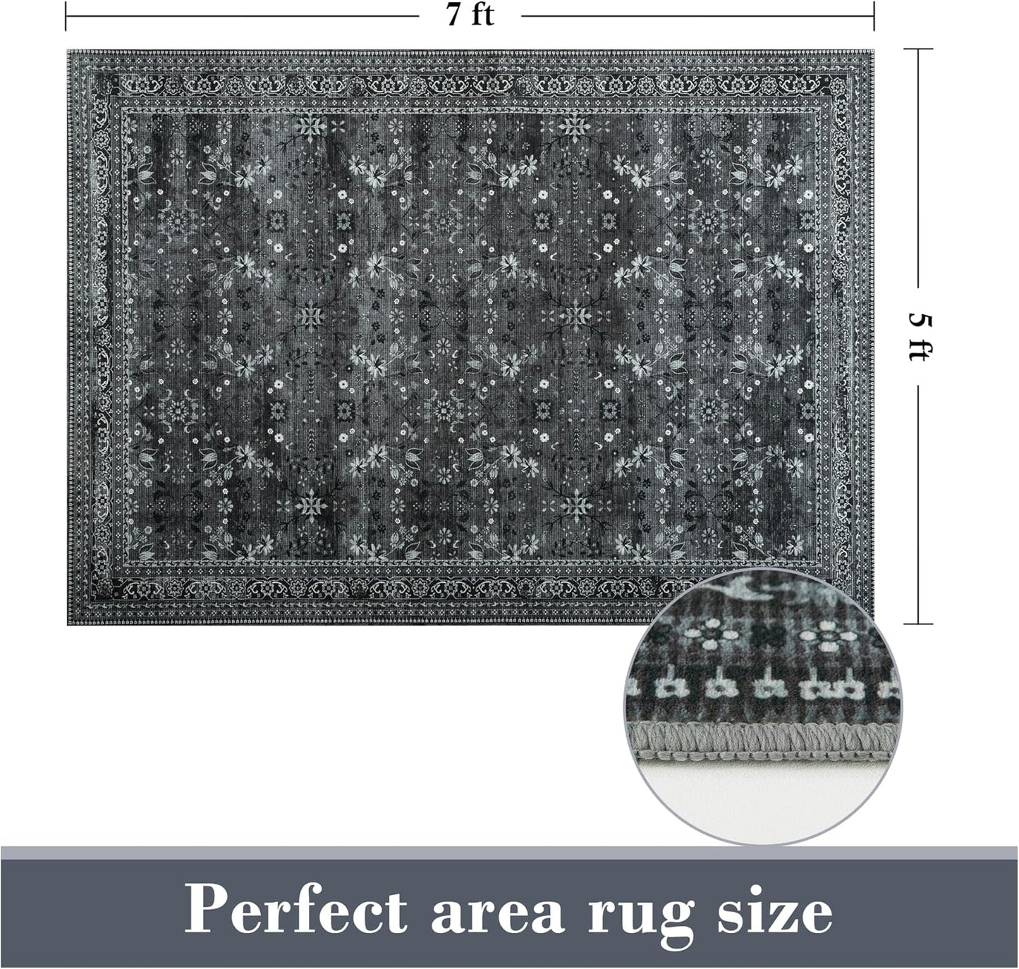 5x7 Machine Washable Area Rug for Living Room Bedroom, Vintage Kitchen Rugs Non Slip, Traditional Indoor Floor Floral Print Carpet for Dining Room, Farmhouse, Office Classroom Black/Gray