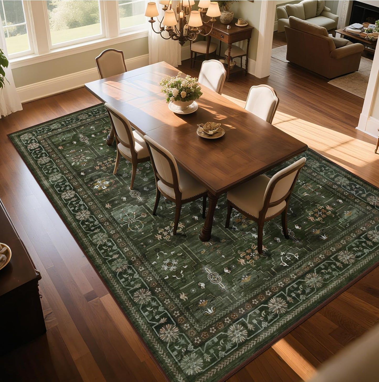 4x6 Area Rug for Bedroom Machine Washable, Non Slip Vintage Floral Kitchen Rugs for Dining Room, Low Pile Indoor Floor Print Carpet for Nursery Farmhouse Home Office Dark Green