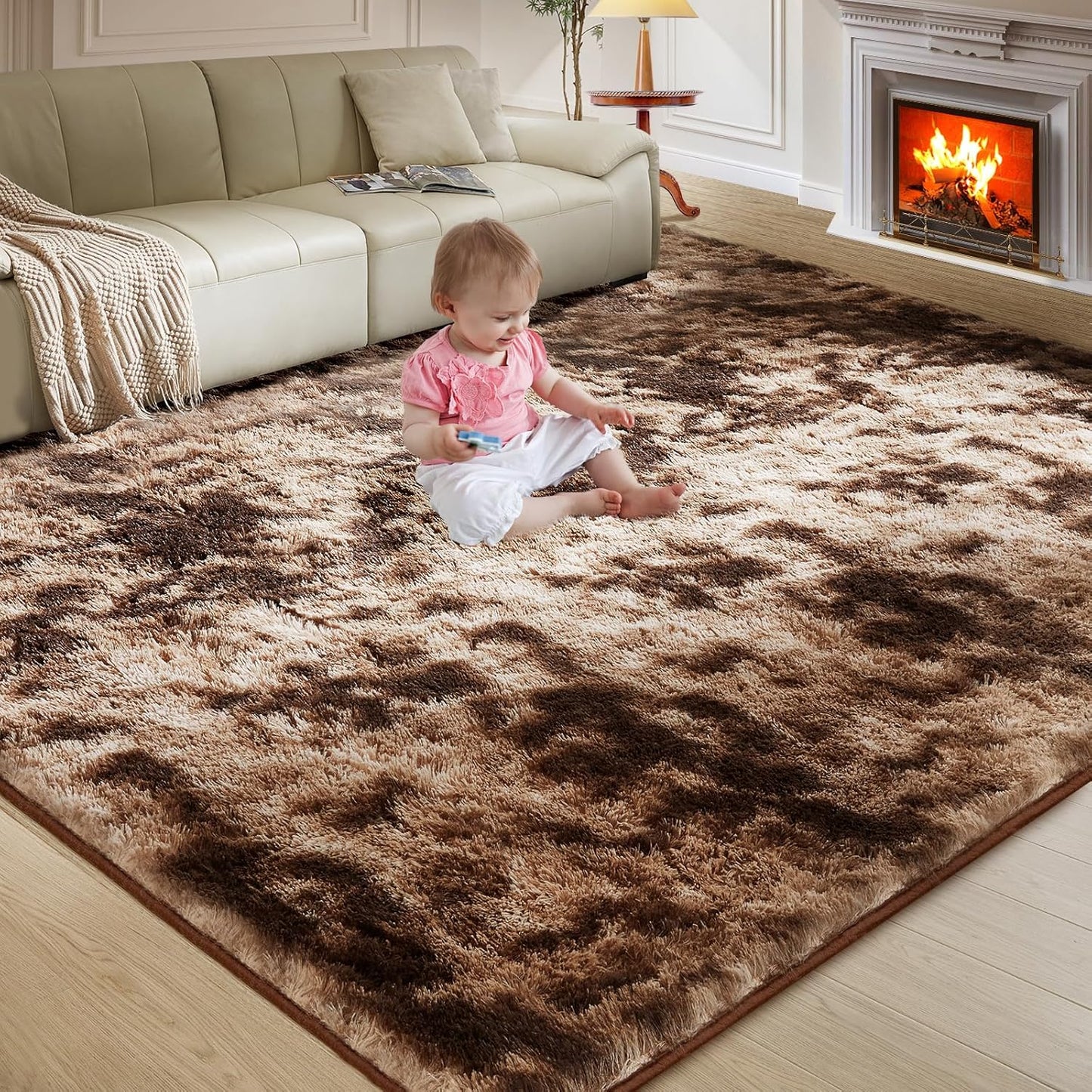 Ultra Soft Rug for Living Room, 5X8 Fluffy Shag Area Rug for Bedroom, Modern Shaggy Carpet Fuzzy Rug for Teens Dorm Nursery Home Decor Aesthetic, Upgrade Anti-Skid Durable, Tie-Dyed Coffee